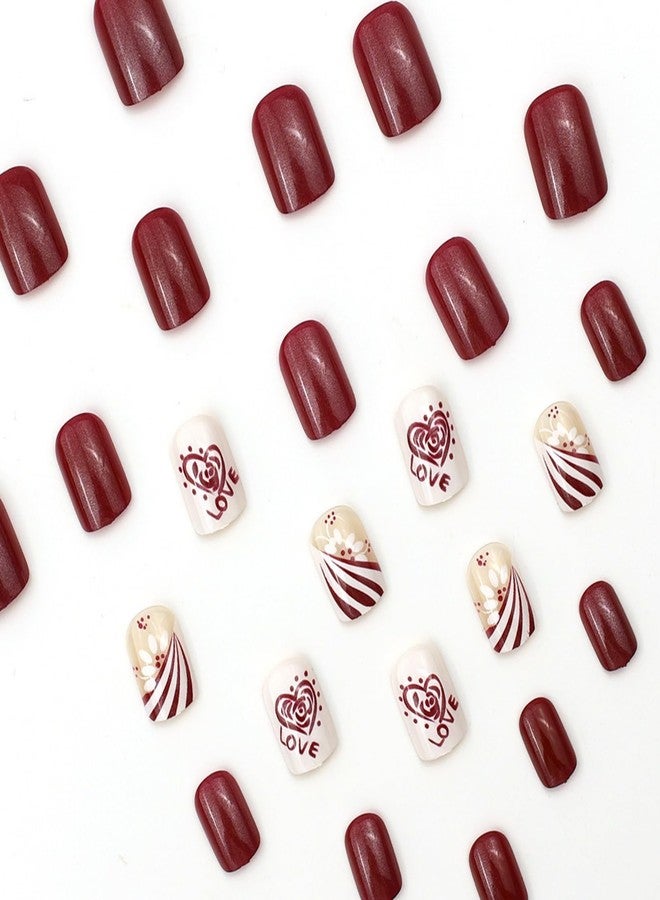NBNTGH Red Press on Nails Chrome Nail Press ons Short Square Glue on Nail Heart Fake Nails Glossy Full Cover for Women Girls Manicure 24Pcs - Image 2